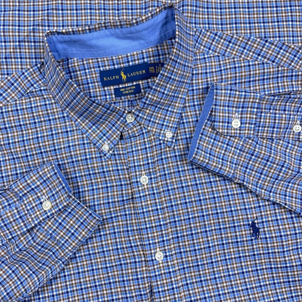 Polo Ralph Lauren Shirt Men XXL 2XL Blue Plaid Button Up Stretch Cotton Dress